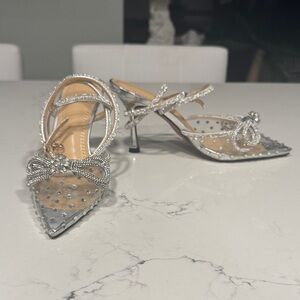 NWOT Transparent Silver Rhinestone Bow Wrap Strap Pointed-Toe Heels